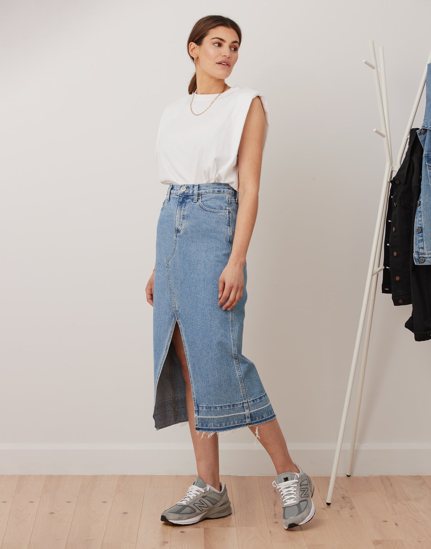 Fazio Button Side Denim Maxi Skirt – Beginning Boutique US